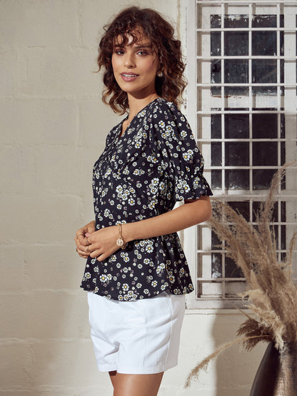 Black Floral Button Detail Peplum Top