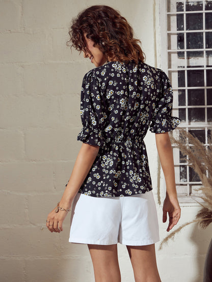 Black Floral Button Detail Peplum Top