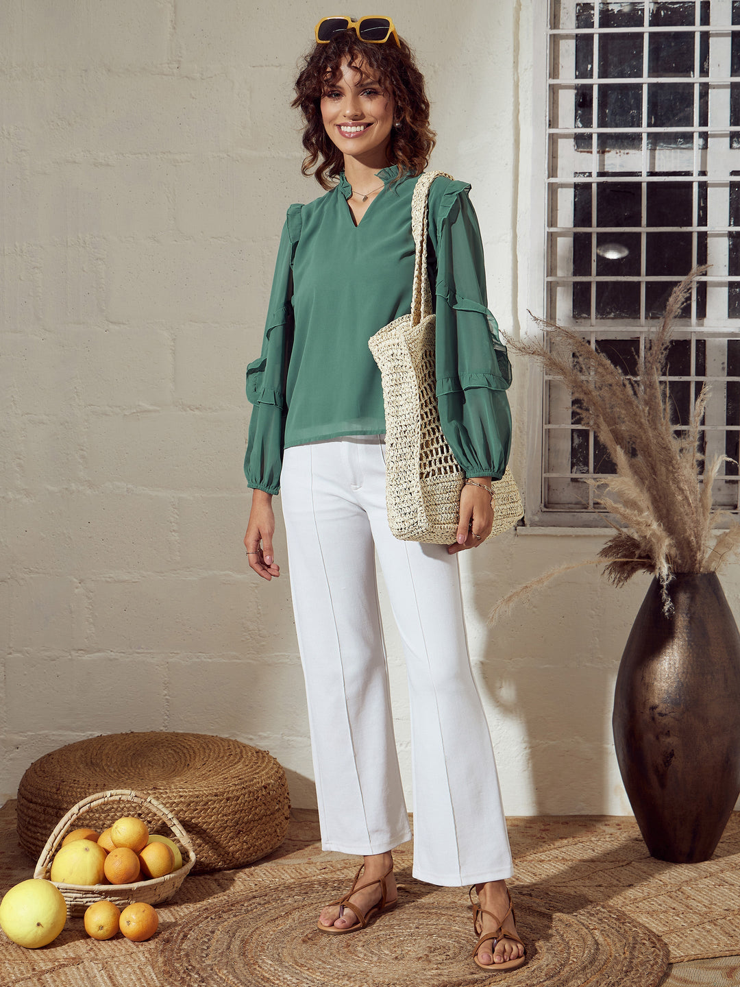 Women Sea Green Ruffle Detail Top