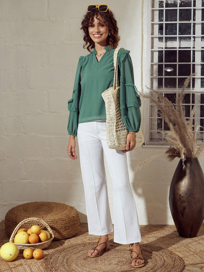 Women Sea Green Ruffle Detail Top