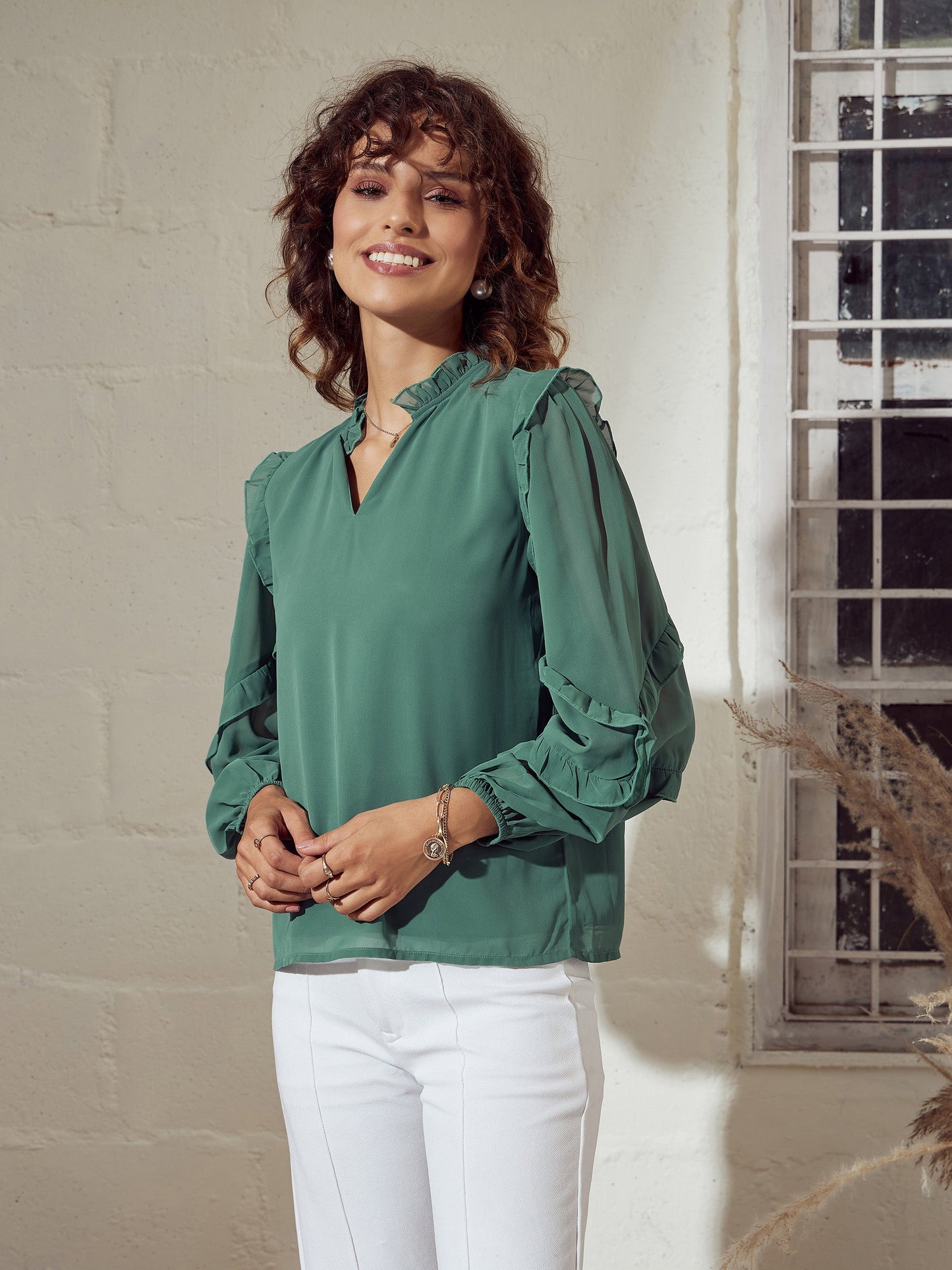 Women Sea Green Ruffle Detail Top