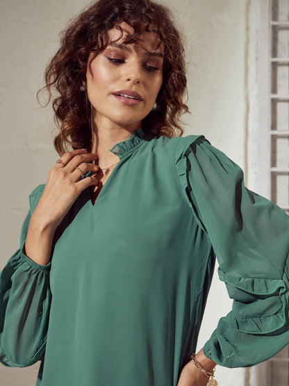 Women Sea Green Ruffle Detail Top