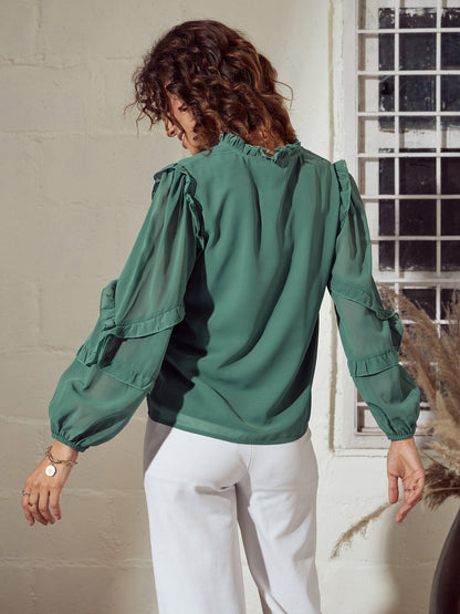 Women Sea Green Ruffle Detail Top
