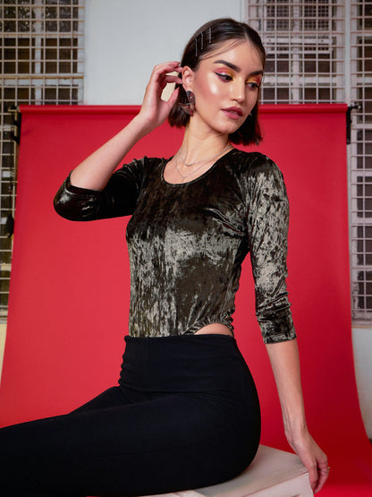 Olive Velvet Full Sleeves Bodysuit