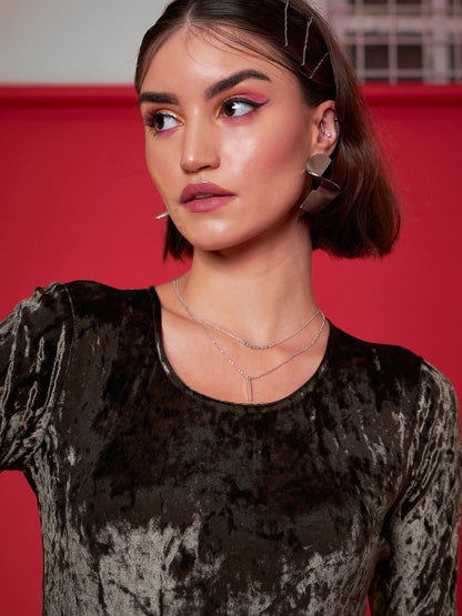 Olive Velvet Full Sleeves Bodysuit