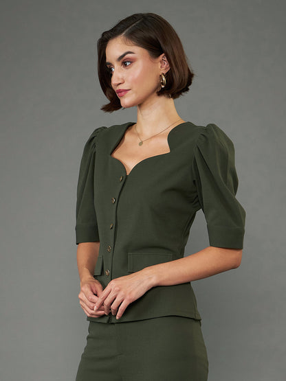 Olive Puff Sleeves Top