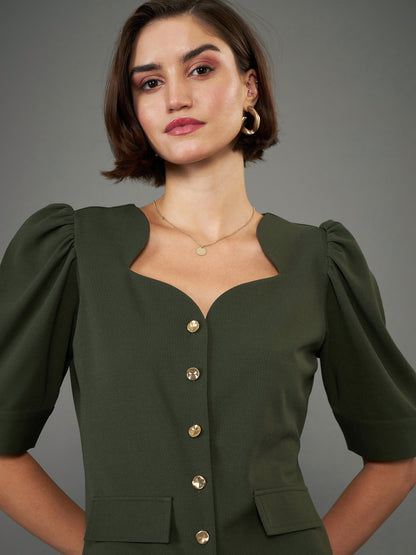 Olive Puff Sleeves Top