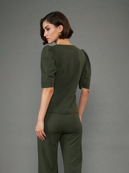 Olive Puff Sleeves Top