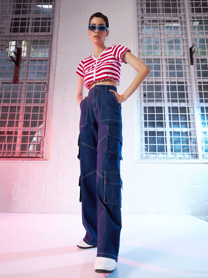 Women Red &amp; Pink Stripes V-Neck Rib Crop Top
