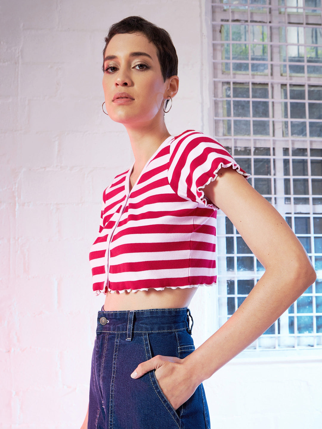 Women Red &amp; Pink Stripes V-Neck Rib Crop Top