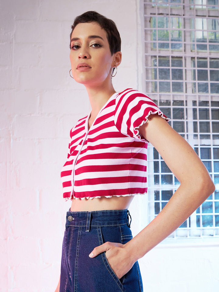 Women Red &amp; Pink Stripes V-Neck Rib Crop Top