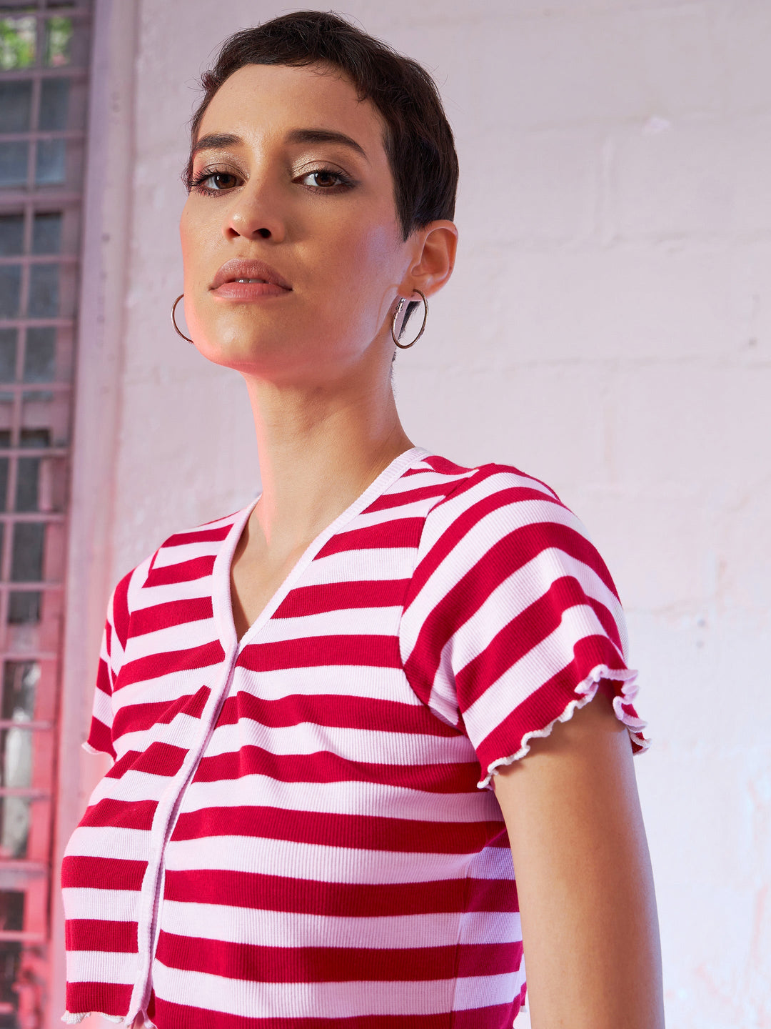 Women Red &amp; Pink Stripes V-Neck Rib Crop Top