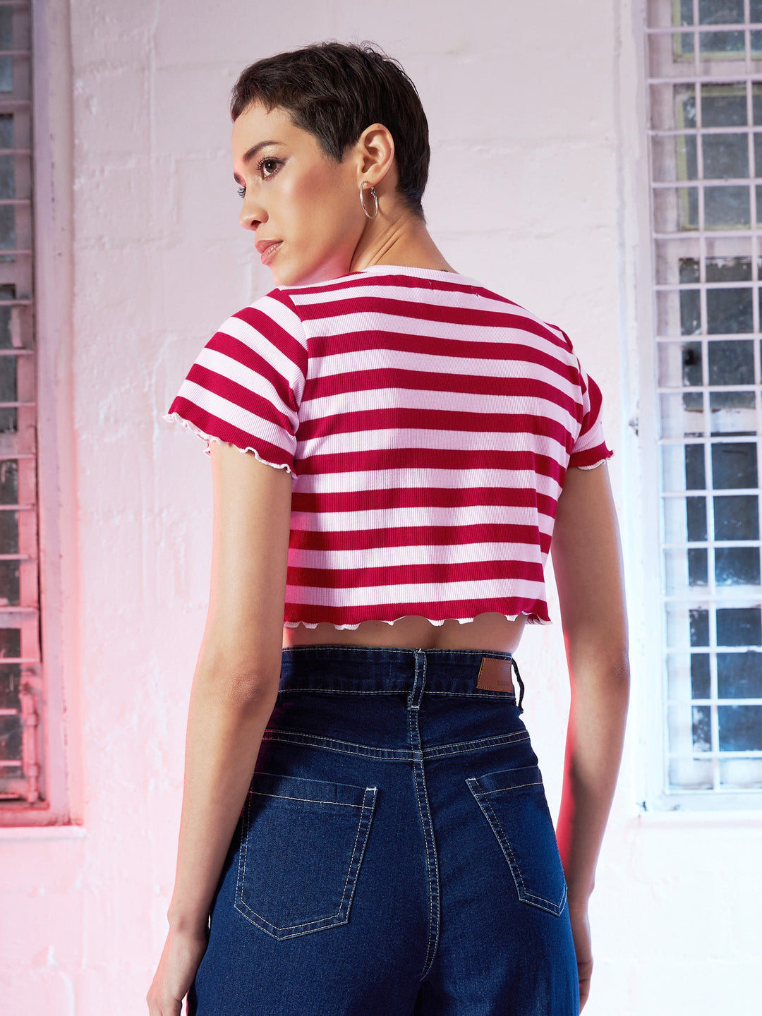 Women Red &amp; Pink Stripes V-Neck Rib Crop Top