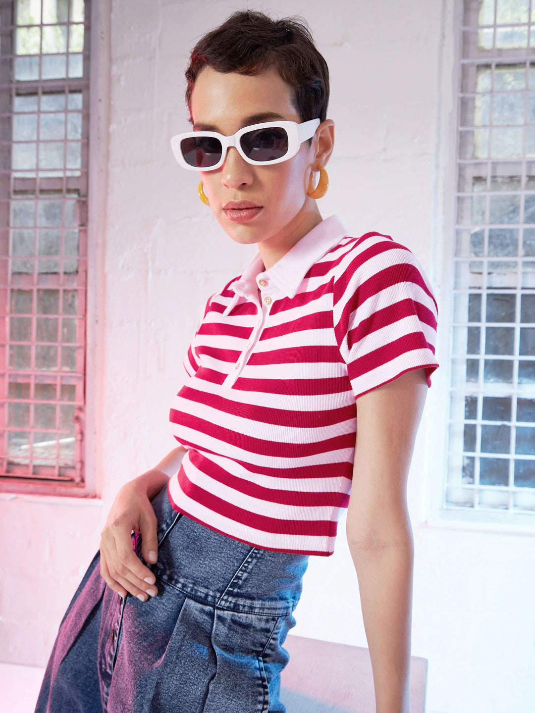 Women Red &amp; Pink Stripes Crop Polo T-Shirt