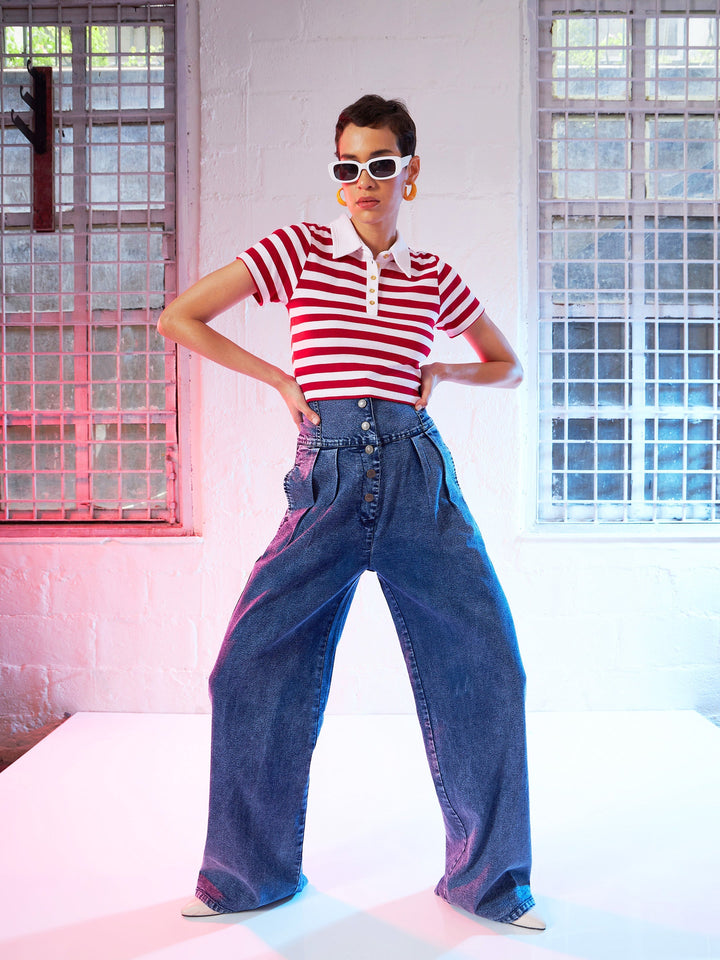 Women Red &amp; Pink Stripes Crop Polo T-Shirt