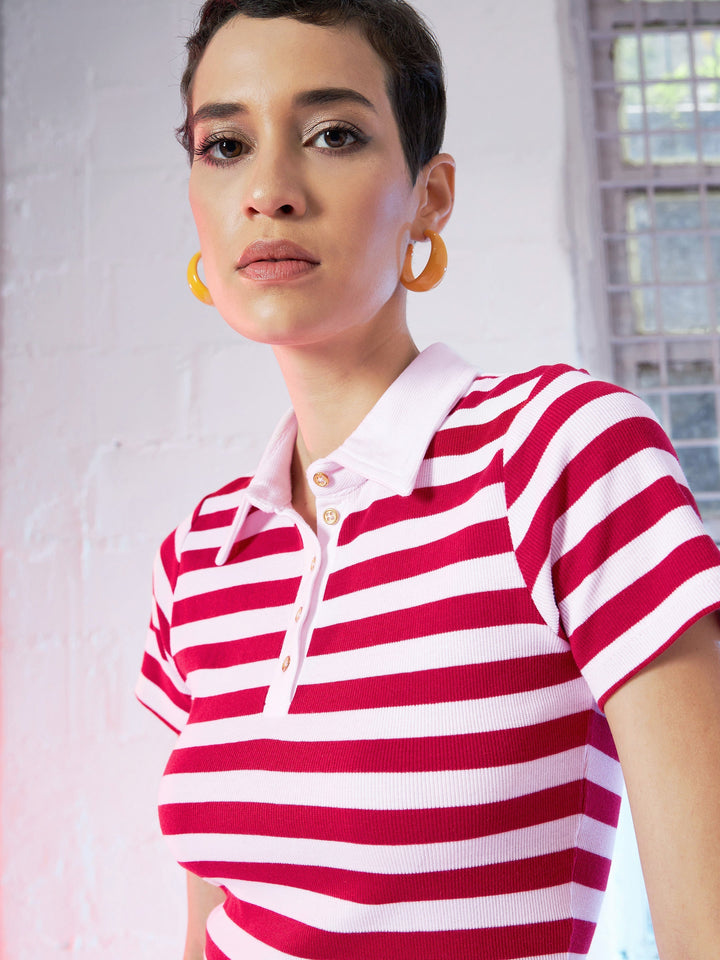 Women Red &amp; Pink Stripes Crop Polo T-Shirt