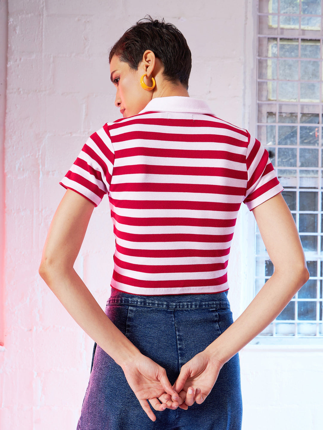 Women Red &amp; Pink Stripes Crop Polo T-Shirt