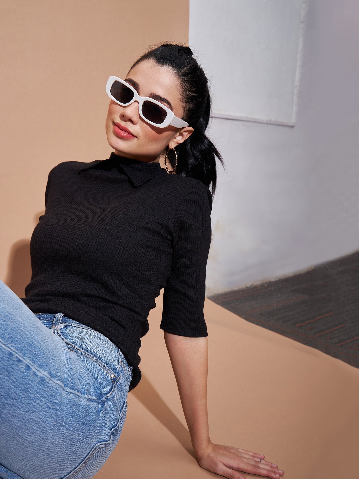 Women Black Stand Up Collar Rib Top