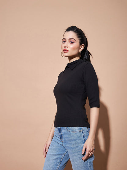 Women Black Stand Up Collar Rib Top