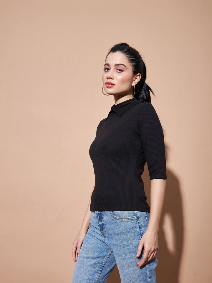 Women Black Stand Up Collar Rib Top