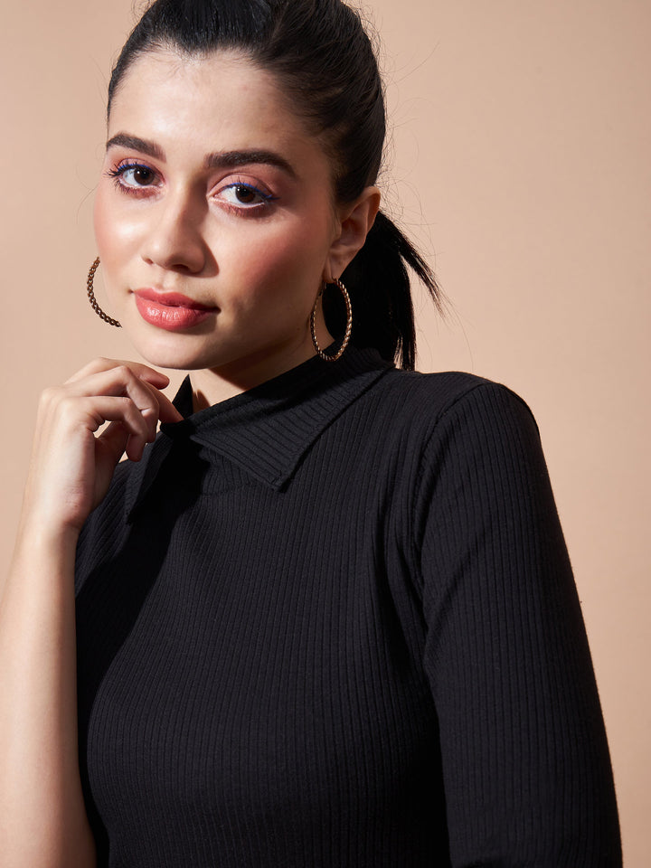 Women Black Stand Up Collar Rib Top