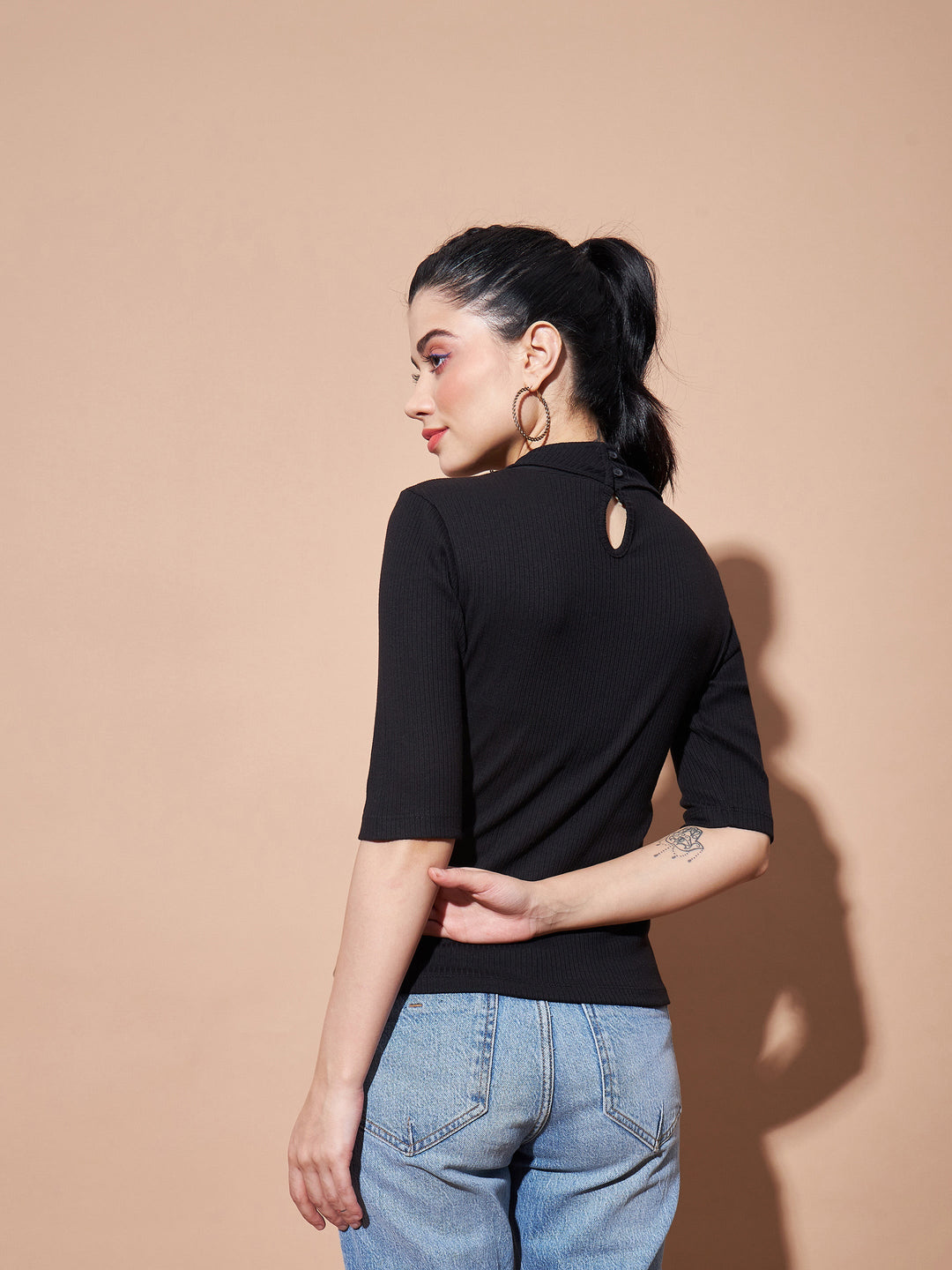 Women Black Stand Up Collar Rib Top