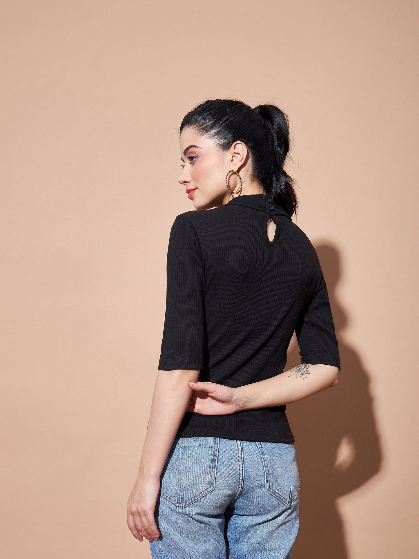 Women Black Stand Up Collar Rib Top