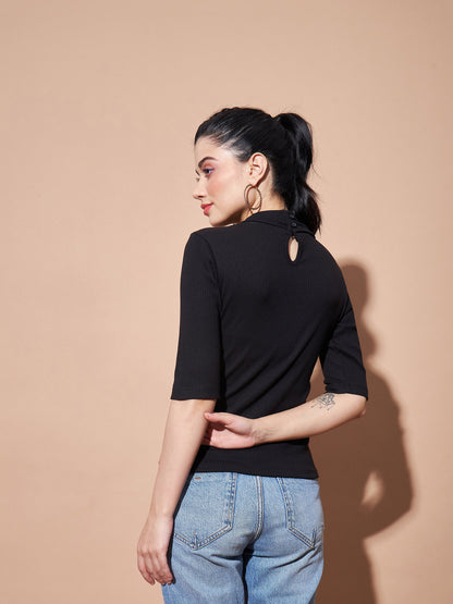 Women Black Stand Up Collar Rib Top