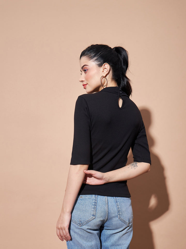 Women Black Stand Up Collar Rib Top