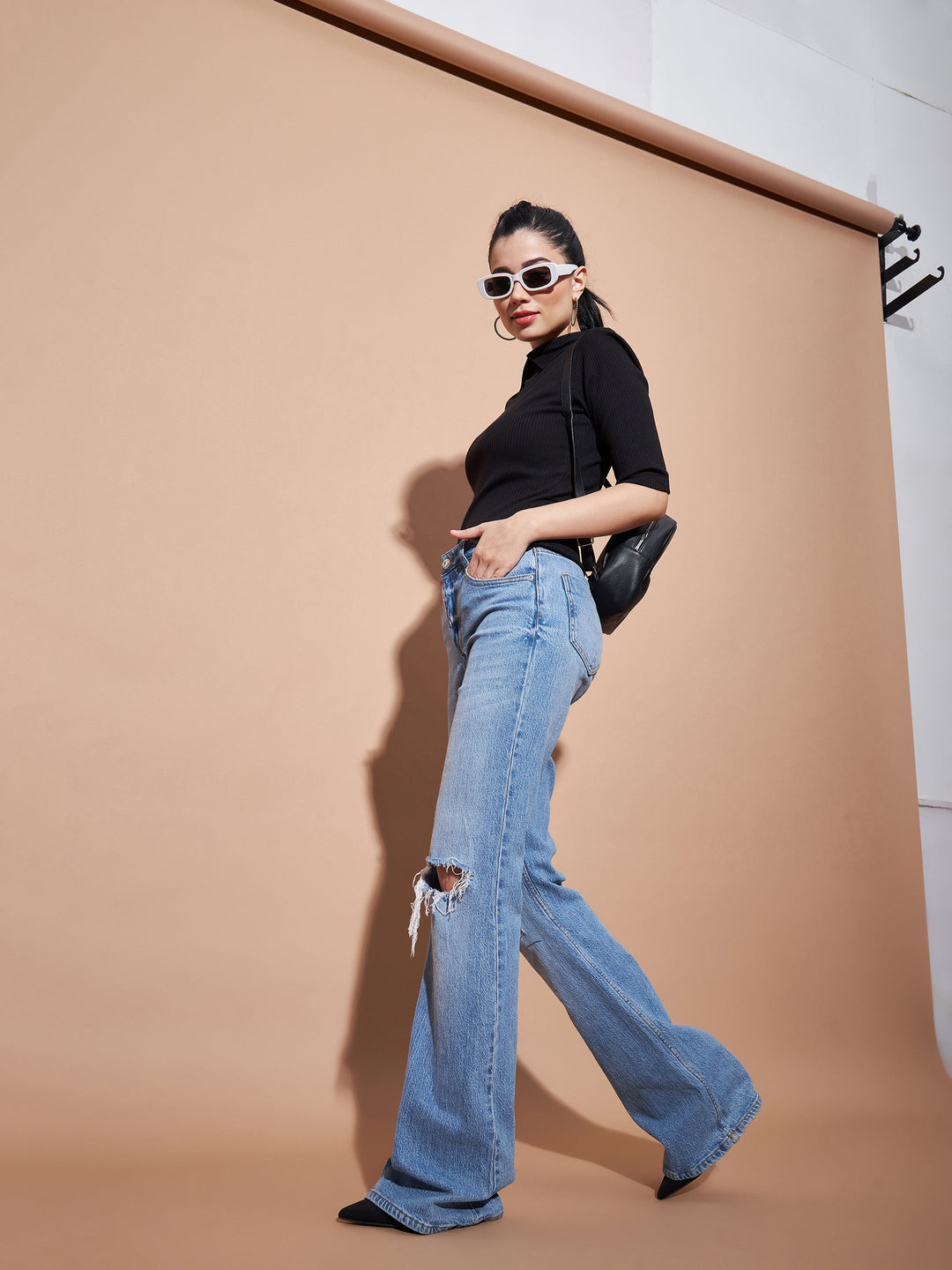 Women Black Stand Up Collar Rib Top