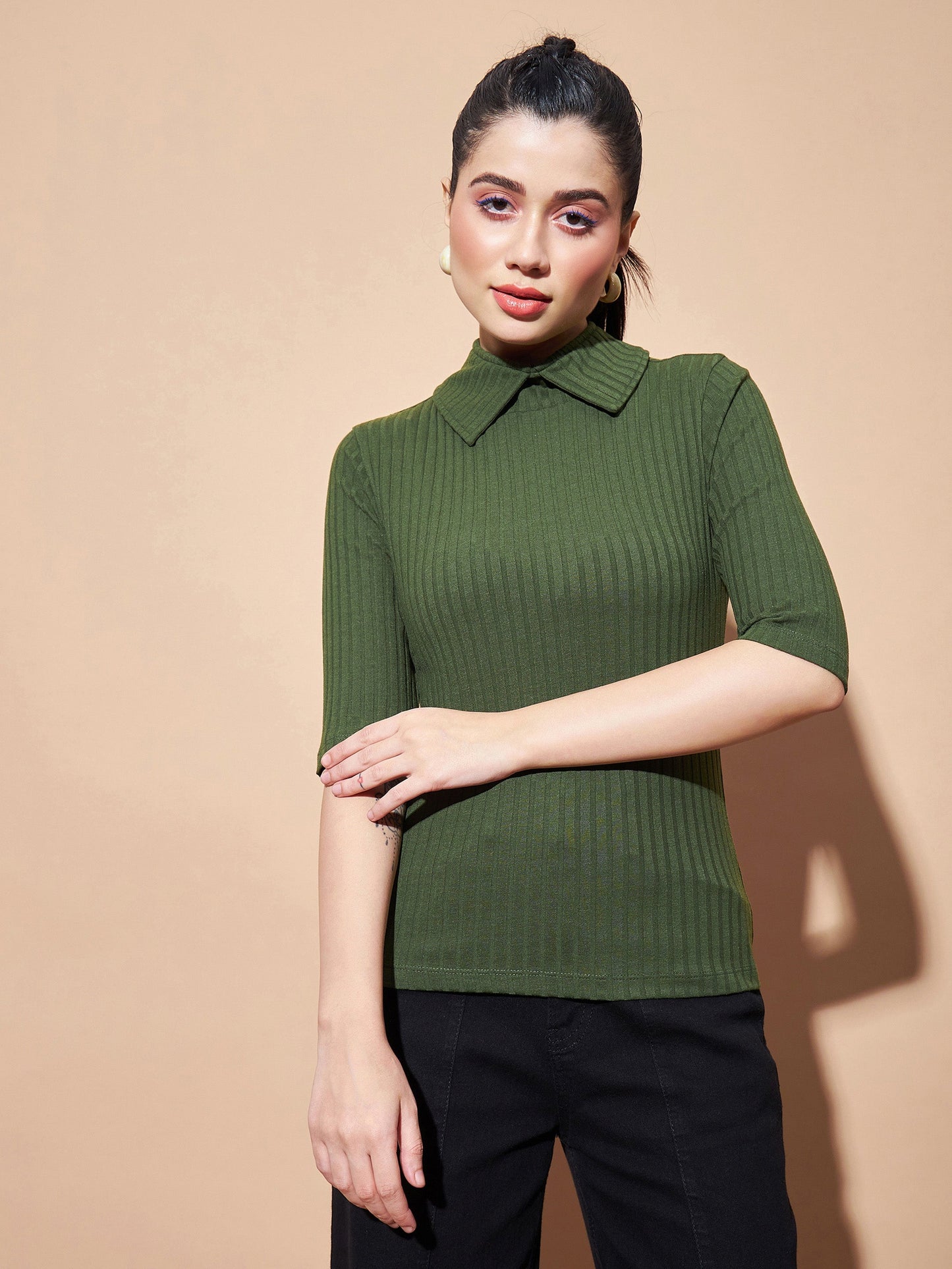 Olive Stand Up Collar Rib Top