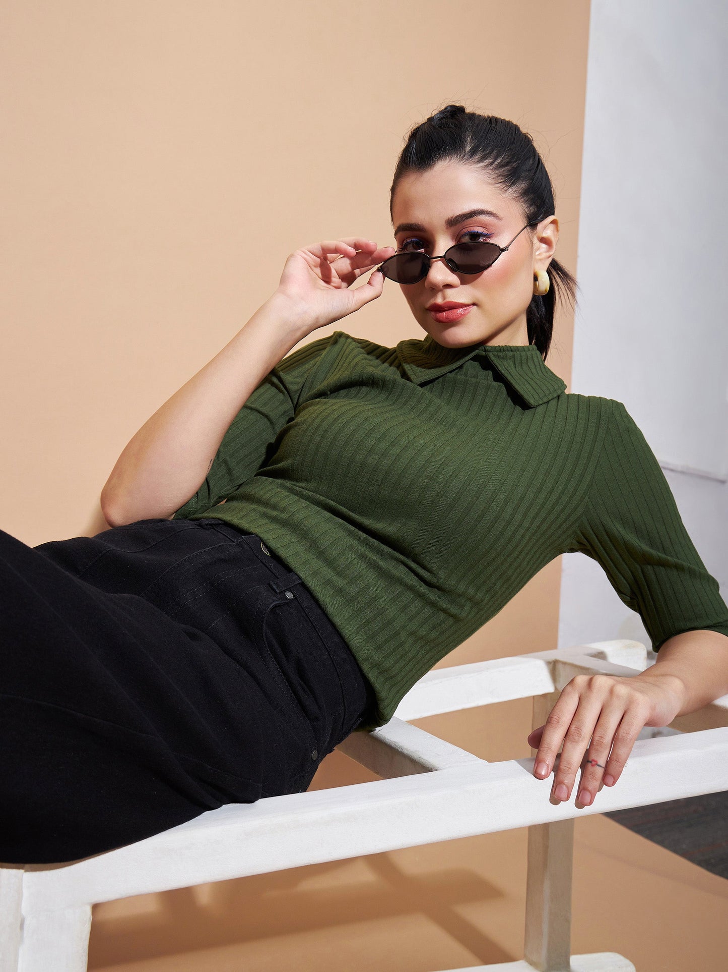 Olive Stand Up Collar Rib Top