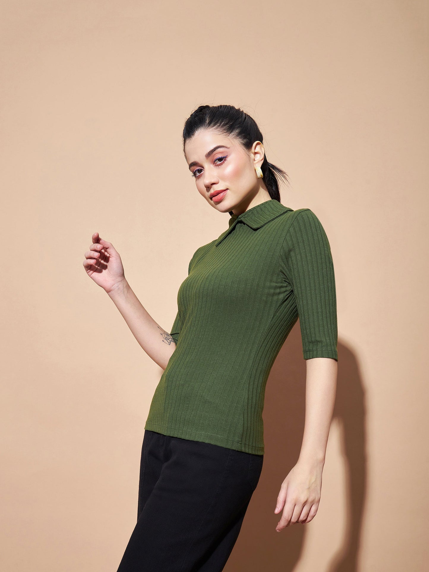 Olive Stand Up Collar Rib Top