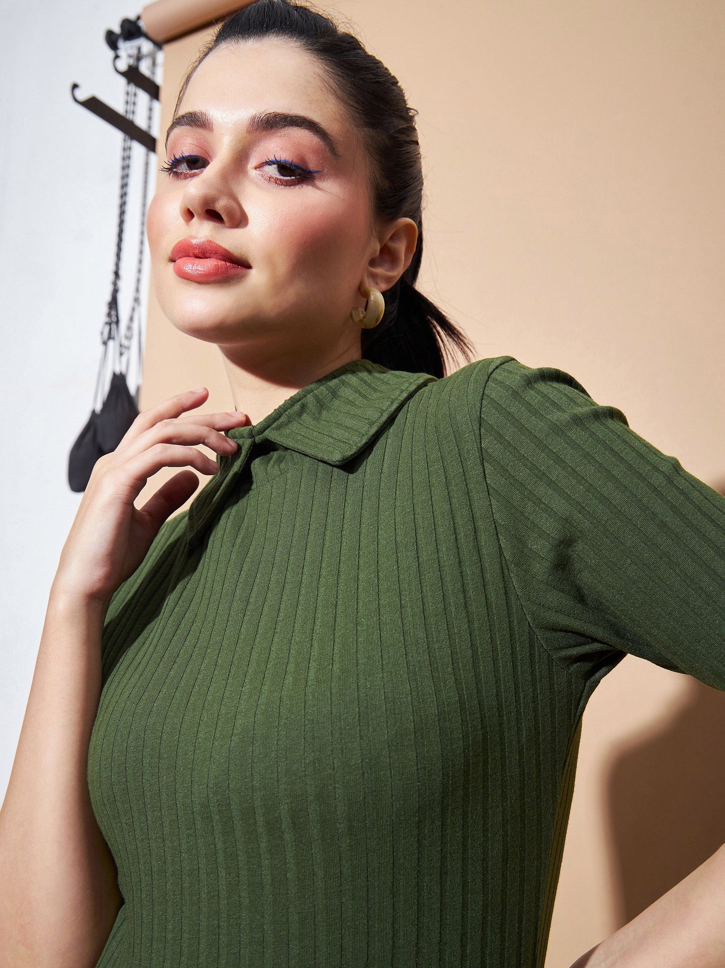 Olive Stand Up Collar Rib Top
