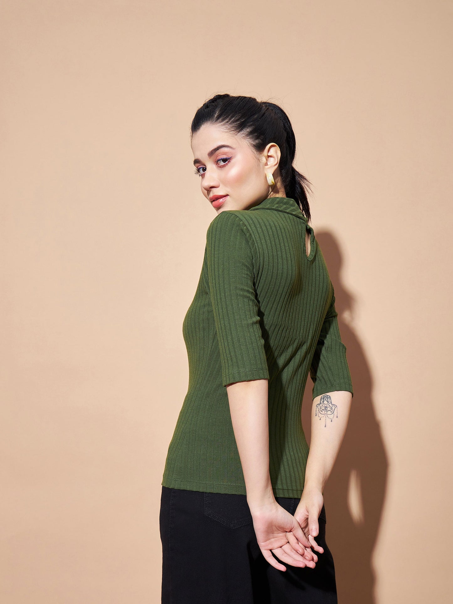 Olive Stand Up Collar Rib Top