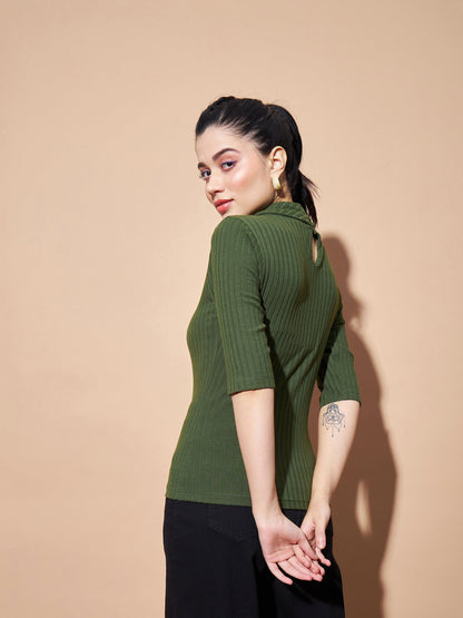 Olive Stand Up Collar Rib Top