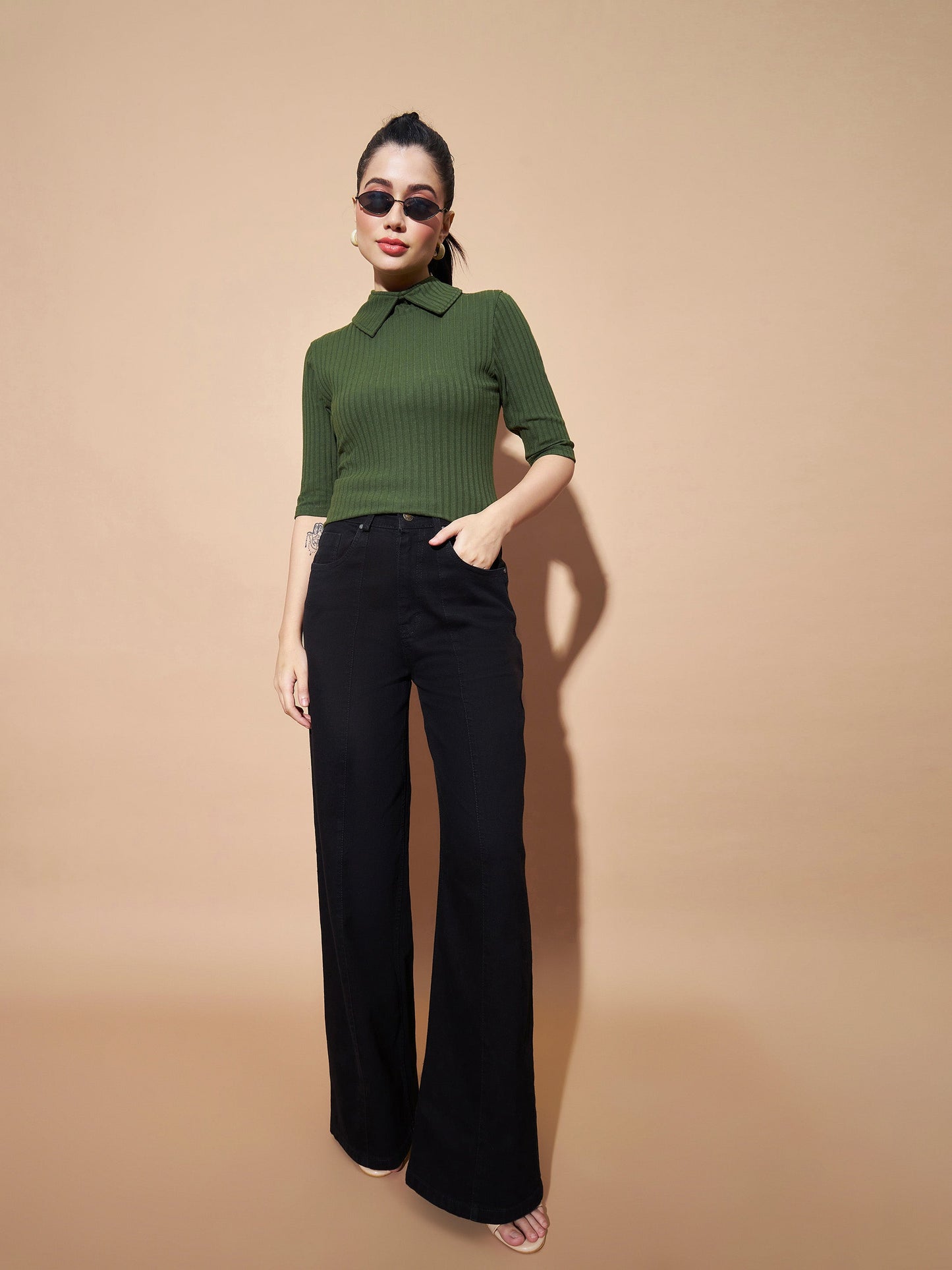 Olive Stand Up Collar Rib Top