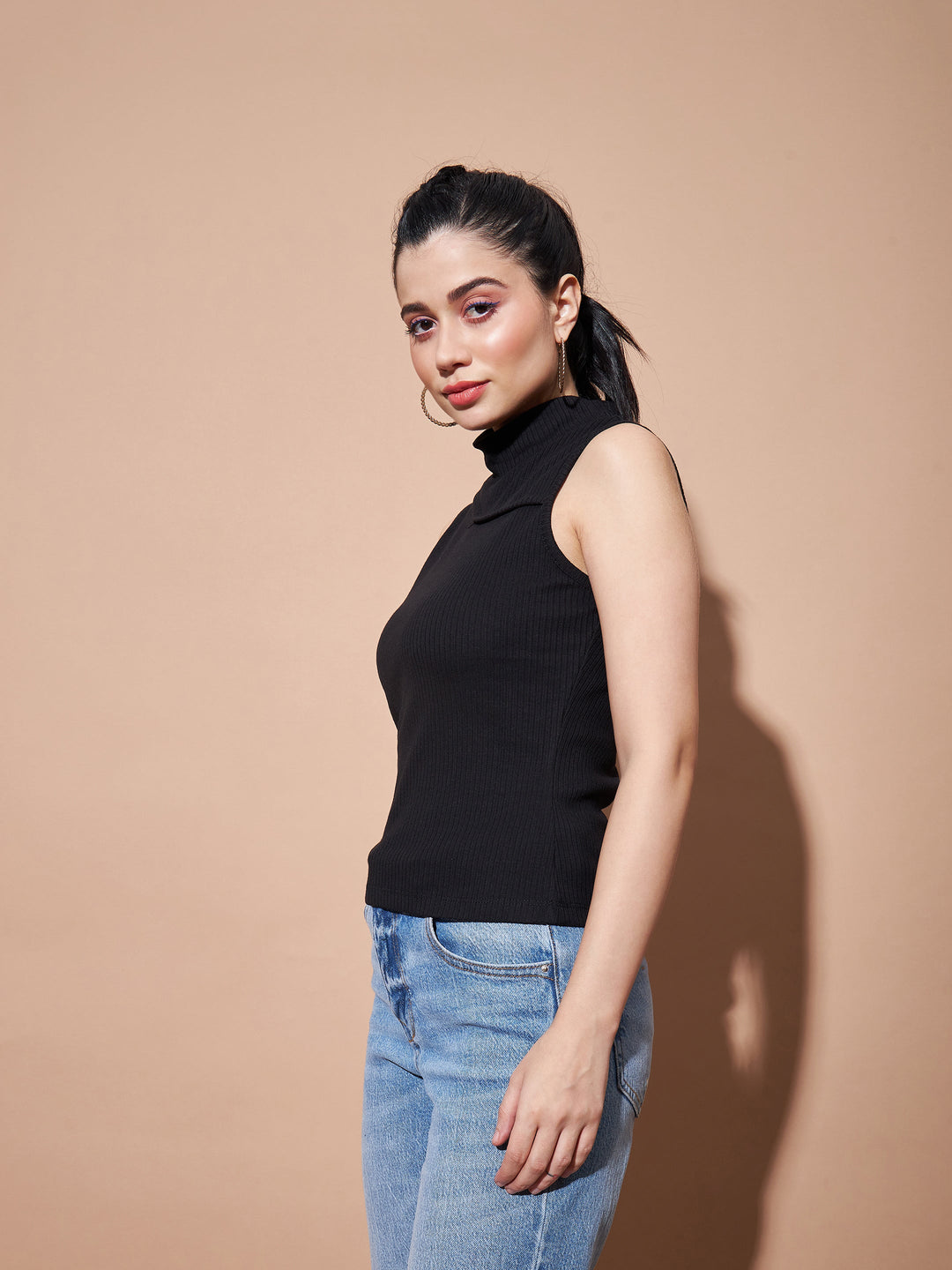 Women Black Turtle Neck Sleeveless Rib Top