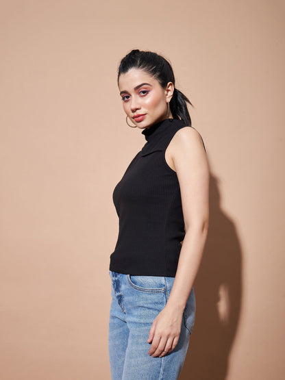 Women Black Turtle Neck Sleeveless Rib Top