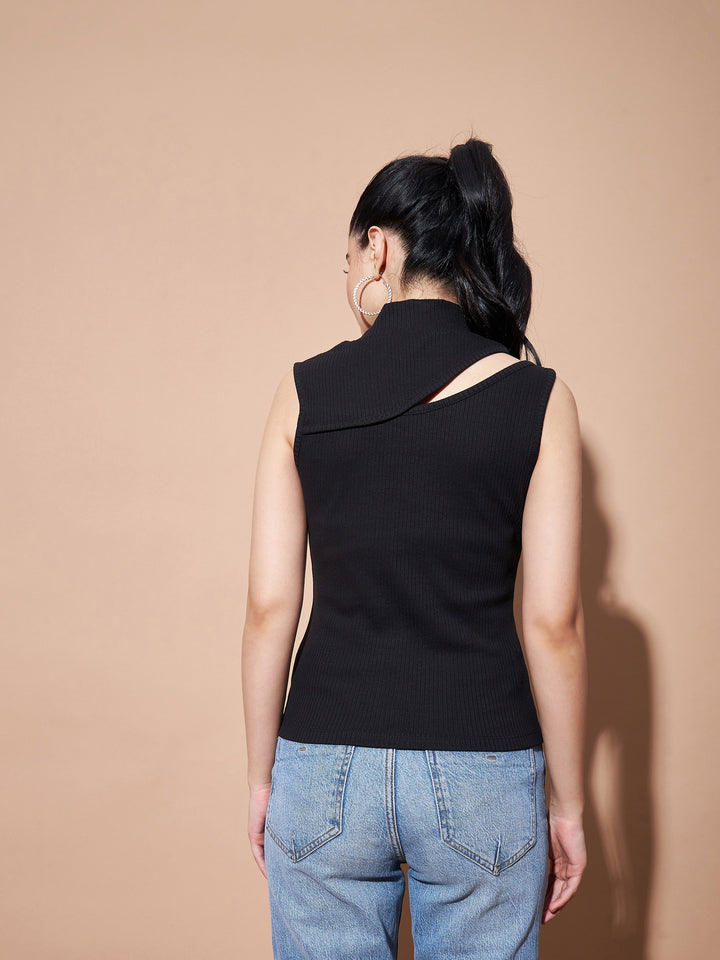 Women Black Turtle Neck Sleeveless Rib Top
