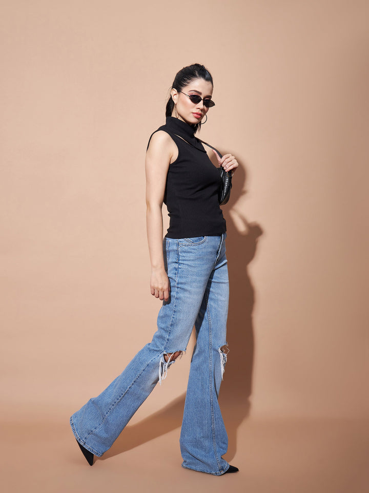 Women Black Turtle Neck Sleeveless Rib Top