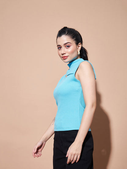 Women Turquoise Turtle Neck Sleeveless Rib Top