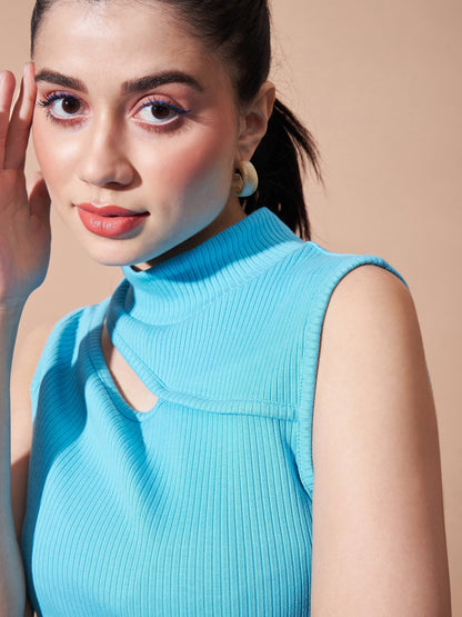 Women Turquoise Turtle Neck Sleeveless Rib Top