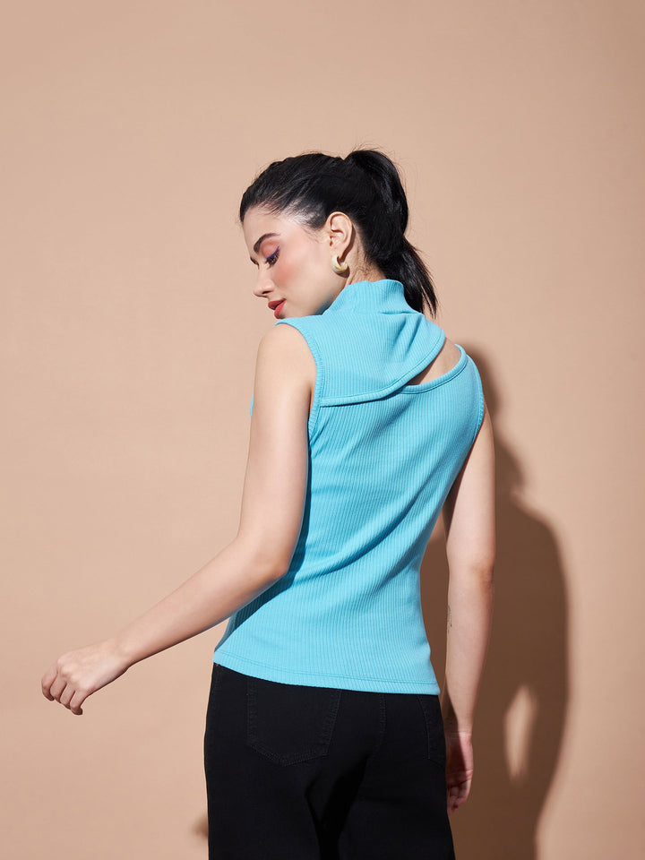 Women Turquoise Turtle Neck Sleeveless Rib Top