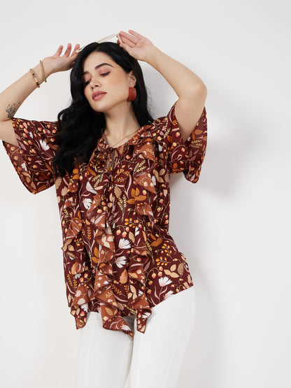 Brown Floral Front Tie-Neck Ruffle Top
