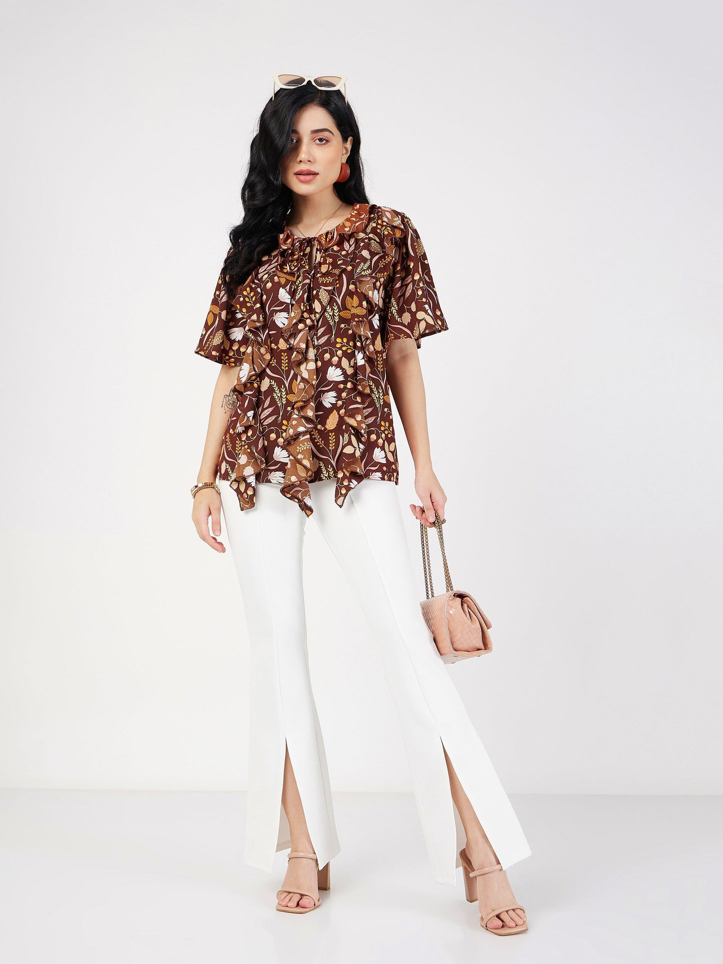 Brown Floral Front Tie-Neck Ruffle Top