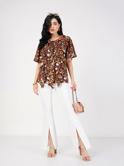 Brown Floral Front Tie-Neck Ruffle Top