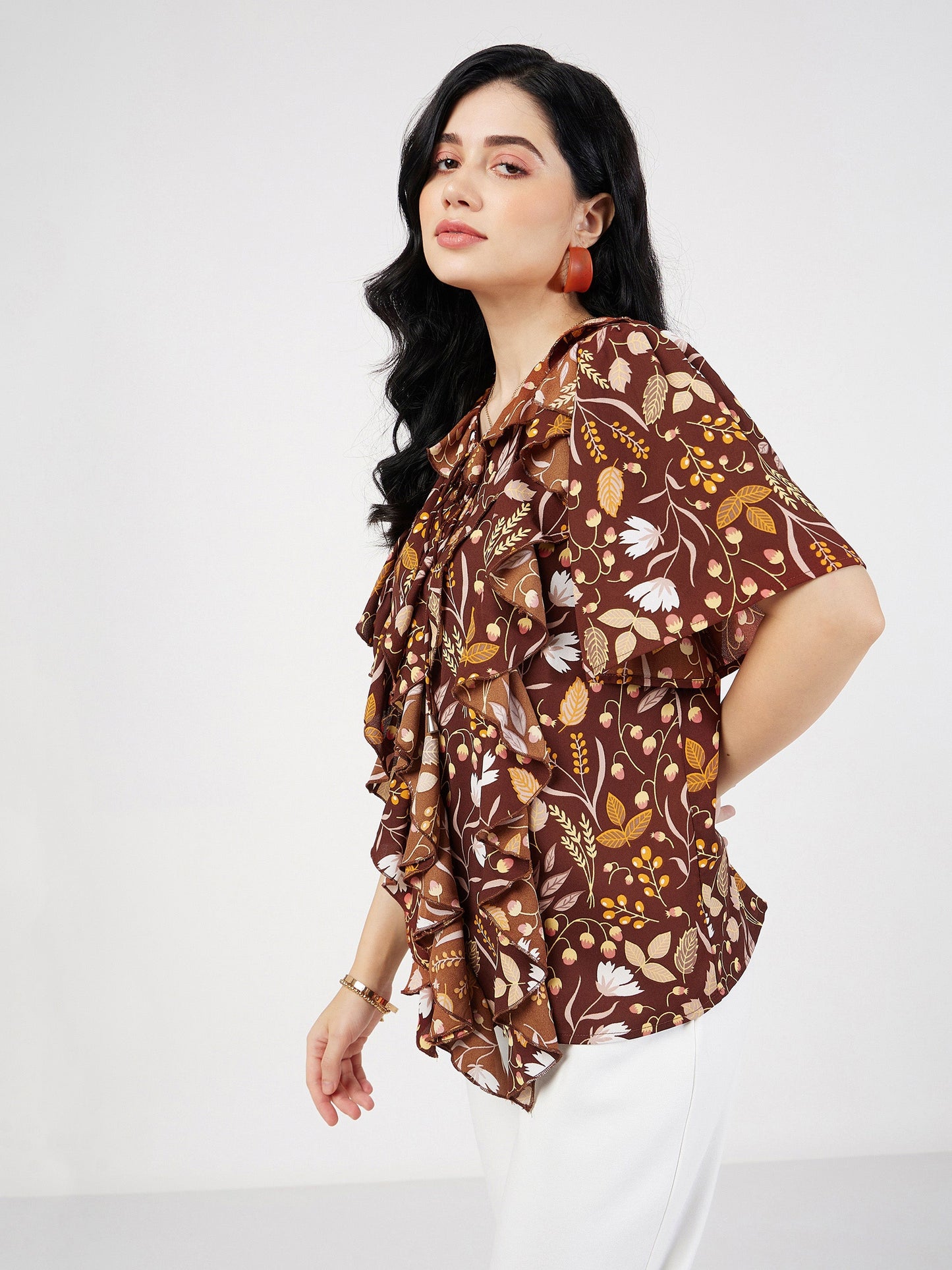 Brown Floral Front Tie-Neck Ruffle Top