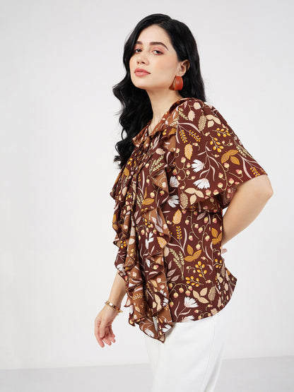 Brown Floral Front Tie-Neck Ruffle Top