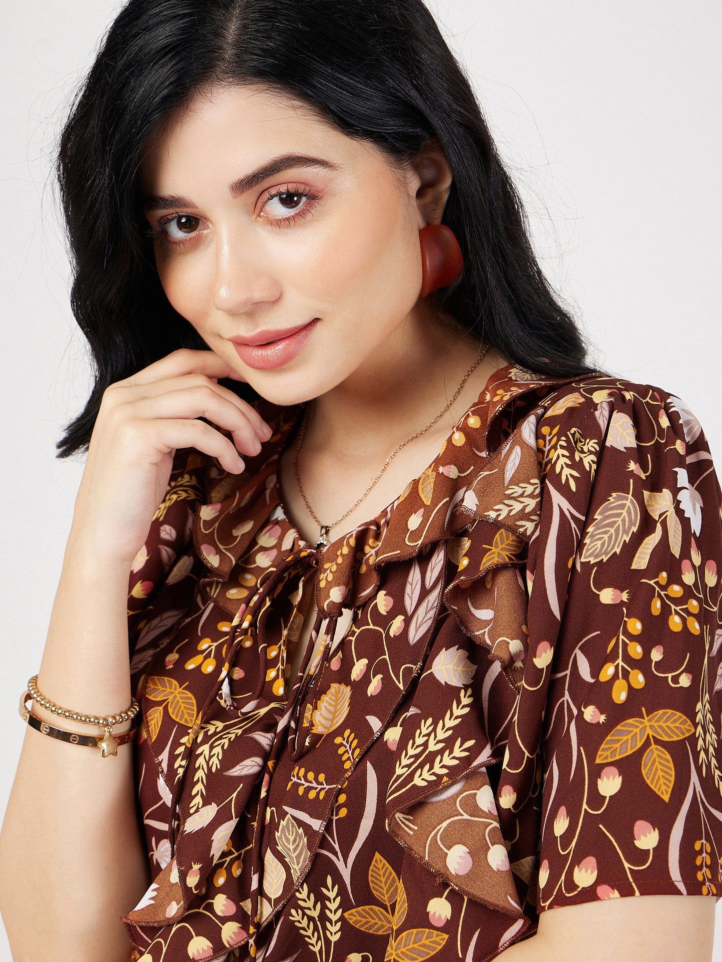 Brown Floral Front Tie-Neck Ruffle Top